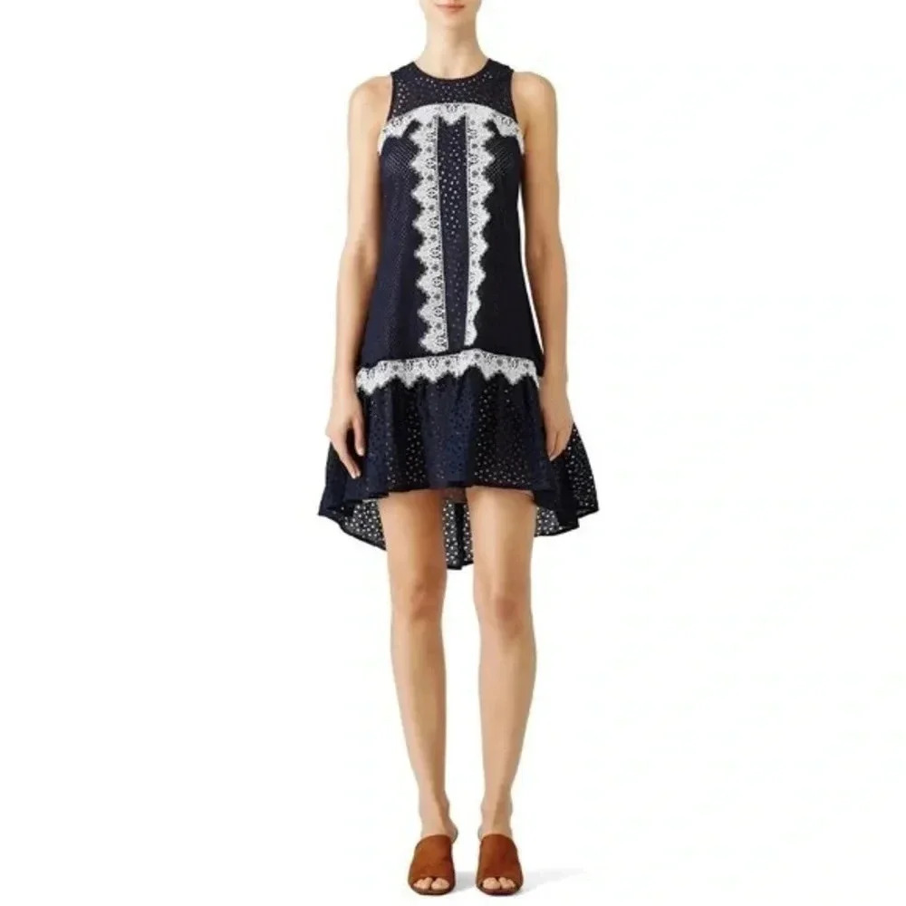 Nha Khanh Navy Bell Dress Shift Eyelet Shift Mini size 2 Wedding Guest